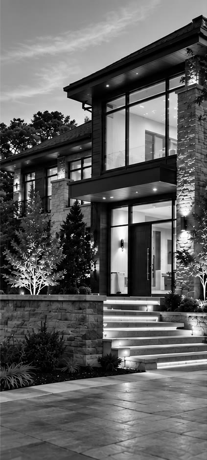 A stone-and-glass house lit from within, lit steps leading to the door